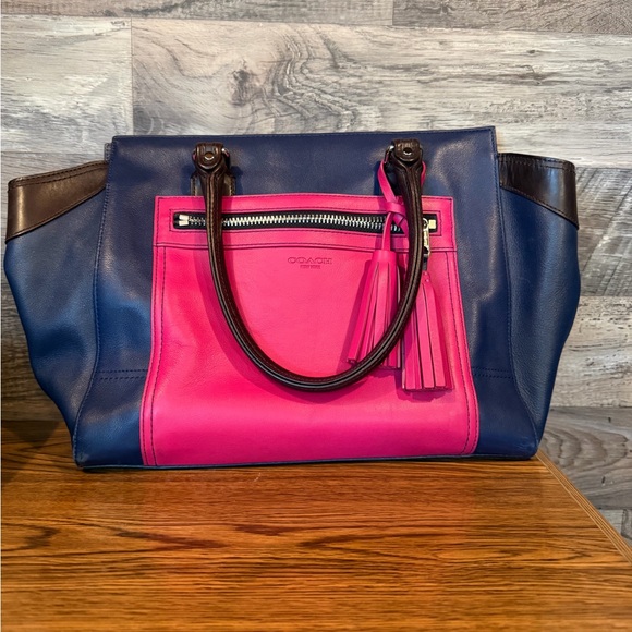 Coach Handbags - Coach Colorblock Leather Tote in Navy Blue and Hot Pink with Dark Brown Handles